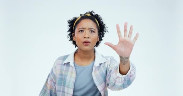 Остановите Руку Женское Лицо Никакого Пальца Студии Предупреждения Порядка Угрозы — стоковое видео