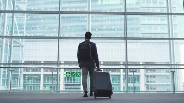 公司人员 在机场背靠背 带着对未来 战略和飞行计划的想法 远见和想法 全球旅行 运输和工作假日的企业家 行李或手提箱 — 图库视频影像