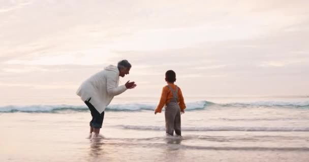 Strand Liebe Und Großmutter Spielen Mit Kind Wasser Auf See — Stockvideo