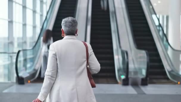 Escada Rolante Aeroporto Mulher Negócios Com Bagagem Para Deslocamento Viagem — Vídeo de Stock