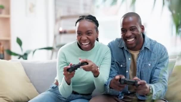 African Couple Game Controller Sofa Contest Playing Push Comic Laugh — Stock Video
