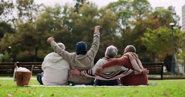 バック グループ 公園の人々は 草の上に一緒にピクニック中に抱擁し リラックスしてケアします ハッピー 自然と愛とシニアの友人 休暇のための食べ物とのフィールドでのサポートと絆 — ストック動画