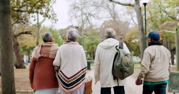大自然 团体和老朋友们在室外公园散步 呼吸新鲜空气 锻炼身体 建立友谊 老年人退休后的爱 友情和背影 一起玩乐 一起探索花园 — 图库视频影像
