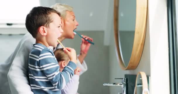 Moeder Jongen Kind Tandenpoetsen Spiegel Badkamer Onderwijs Voor Tandheelkundige Routine — Stockvideo