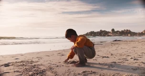Пляж Подорожі Хлопчик Який Грає Піску Під Час Тропічних Канікул — стокове відео