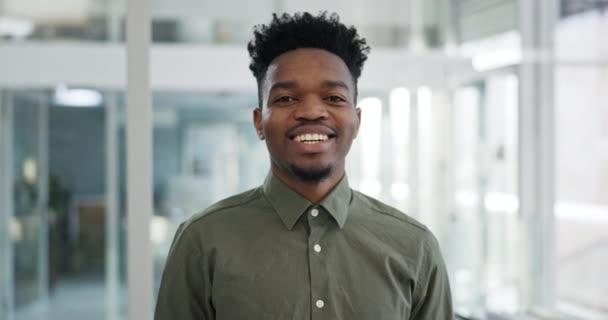 Gezicht Adviseur Gelukkige Zwarte Man Het Kantoor Bedrijf Werkplek Portret — Stockvideo