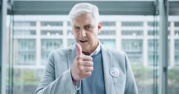 Głosujcie Odznaka Człowiek Kciukami Górze Wyboru Kampanii Politycznej Wyborczej Patriotycznej — Wideo stockowe