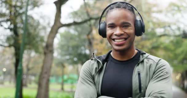 手臂交叉 健康和音乐与黑人男子在公园跑步 流线型和有氧运动 跑步者的健康 运动和锻炼以及运动 训练和健康用的耳机的肖像 — 图库视频影像