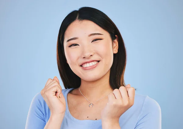 Happy Asian Portrait Woman Blue Background Cosmetics Face Headshot Smile — Stock Photo, Image