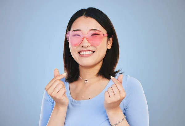 Happy Asian Woman Portrait Sunglasses Love Hands Sign Gesture Blue — Stock Photo, Image