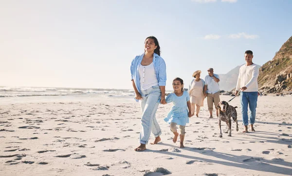 Семья Пляж Прогулки Свежем Воздухе Собакой Летом Развлечения Свободы Отдыха — стоковое фото