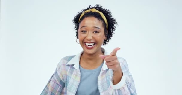 Happy Woman Face Finger Studio Bad Humor Inappropriate Joke White — Stock Video