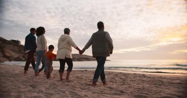 Rodina Záda Drží Ruce Pláži Solidaritě Podpoře Důvěře Cestování Dobrodružství — Stock video