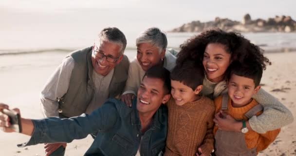 Strand Selfie Und Glückliche Große Familie Der Natur Verbinden Gemeinsam — Stockvideo