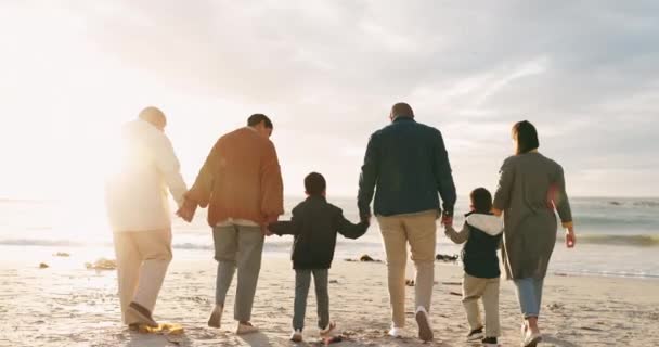 Spiaggia Tramonto Grande Famiglia Che Tiene Mano Mentre Cammina Insieme — Video Stock