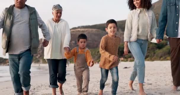 Щасливі Бігають Відпочивають Великою Сім Пляжі Подорожей Свободи Відпочинку Щастя — стокове відео