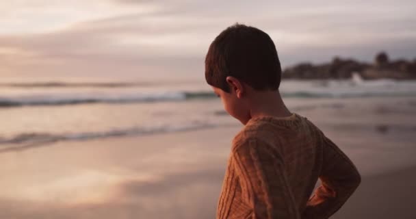 Gezicht Zonsondergang Jongen Met Geluk Strand Reizen Met Vreugde Vakantie — Stockvideo