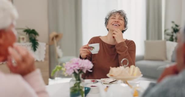 Tee Lustige Seniorin Mit Freunden Heimischen Wohnzimmer Bindung Und Gespräche — Stockvideo