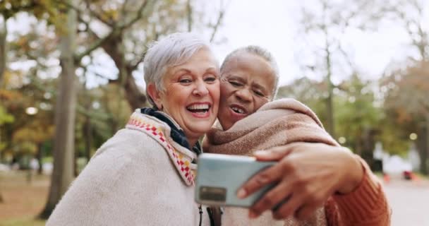 Selfie Lustiges Gesicht Und Seniorinnen Park Oder Der Natur Für — Stockvideo
