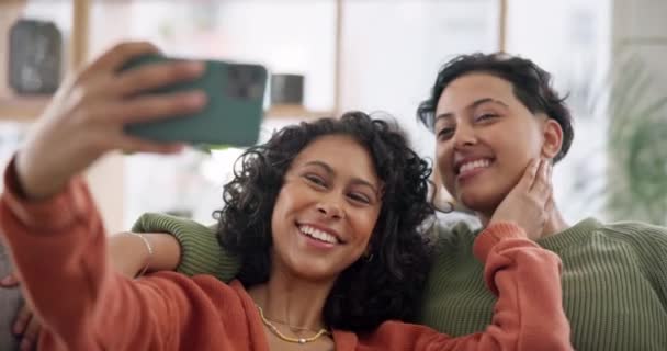 Lesbian Couple Selfie Smile Love Live Streaming Sofa Affection Social — Stock Video