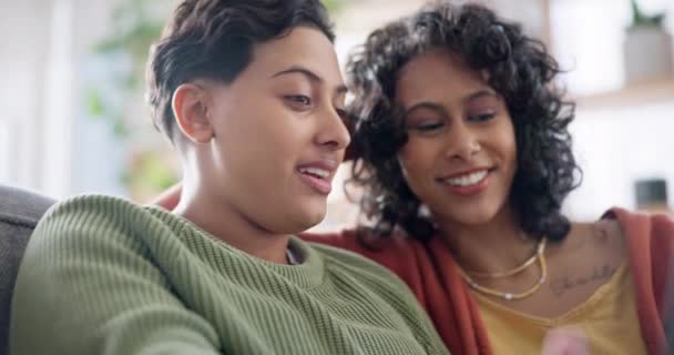 Lgbt Laptop Happy Lesbian Couple Conversation Home Online Shopping Choice — Stock Video