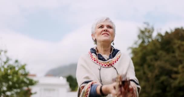 Folhas Lançam Mulher Sênior Outono Divertem Com Sorriso Celebração Folhagem — Vídeo de Stock