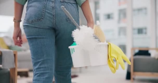 Sprzątanie Produkt Koszyk Rąk Osoby Salonie Dla Higieny Sprzątania Bakterii — Wideo stockowe