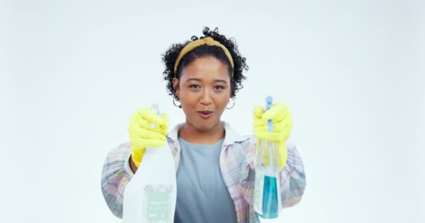 Уборка Съемка Химия Лицом Женщины Студии Ведения Домашнего Хозяйства Гипноза — стоковое видео