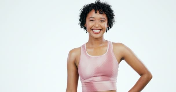 Cara Mujer Fitness Flex Brazo Estudio Con Entrenamiento Acuerdo Éxito — Vídeos de Stock