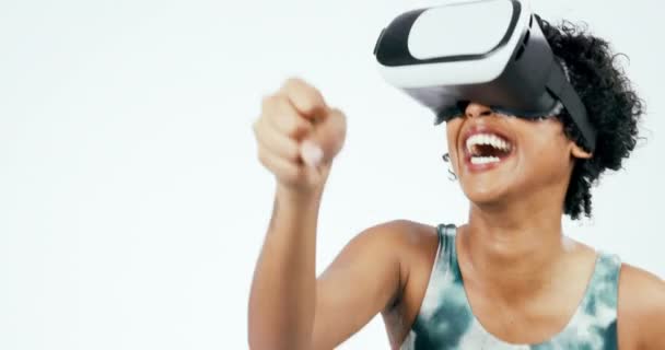 Mulher Realidade Virtual Boxe Fitness Felicidade Mundo Digital Simulação Luta — Vídeo de Stock