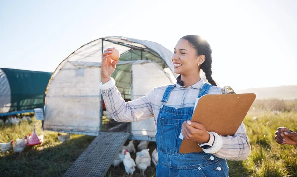 Agriculture, farm and a woman with an egg for inspection and a clipboard for quality control. Farming, sustainability and a poultry farmer person with organic produce outdoor for growth or production.