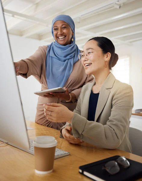Computer, business women and Muslim mentor with feedback and website support in work discussion. Office, communication and email marketing help with employee training and management at a SEO company.
