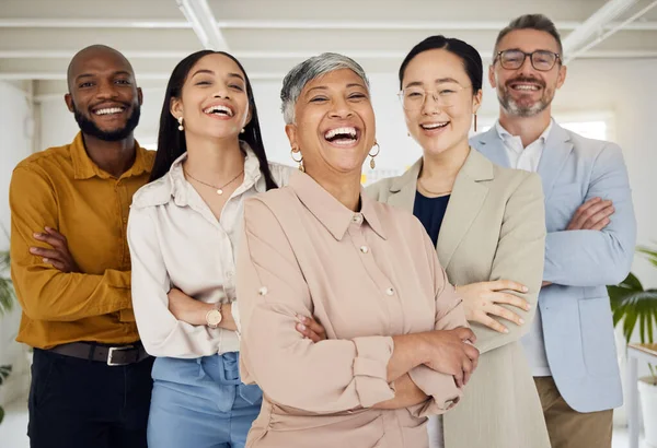 Business people, laughing and arms crossed portrait in a office with diversity and senior woman ceo. Company, management team and funny joke of professional leadership and creative agency group.