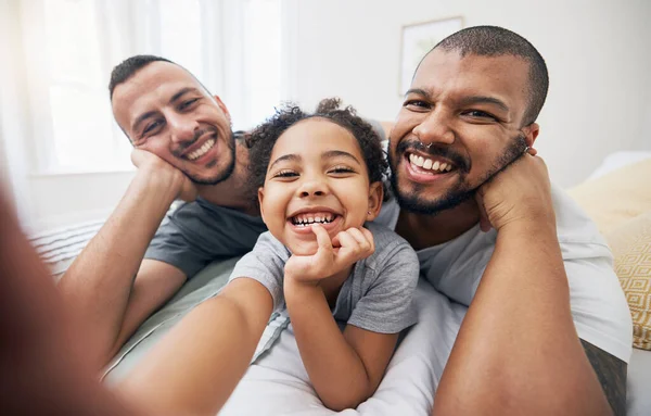 Gay Family Selfie Portrait Child Home Bedroom Bonding Fun Together — Stock Photo, Image