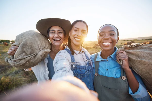 Agriculture, selfie and woman friends on farm for cattle, livestock or feeding together. Portrait, happy and farmer team smile for profile picture, social media or agro startup or small business blog.