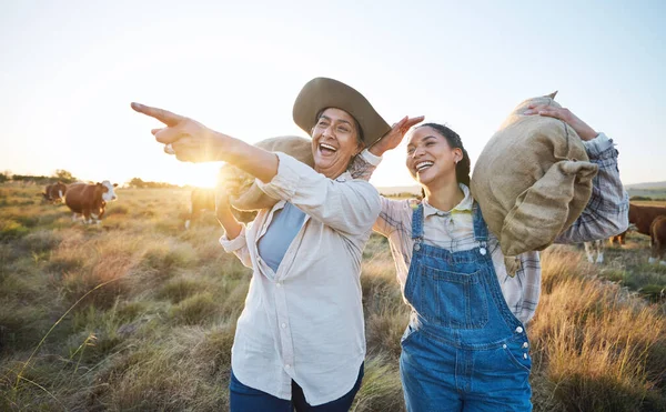 Hand Hand Glücklich Und Frauen Auf Einem Bauernhof Für Nachhaltigkeit — Stockfoto