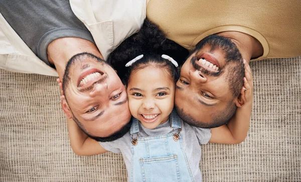 Portrait Gay Dad Blended Family Girl Lying Together Floor Home — Stock Photo, Image