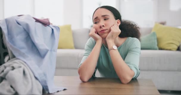 Sad Thinking Woman Her Home Laundry Cleaning Housework Chore Responsibility — Stock Video