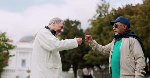 与退休的老朋友握手 拥抱和握拳 并在户外结伴 度假和兴奋的老年人一起在纽约度假 带着来自旅行和自由的微笑和喜悦 — 图库视频影像