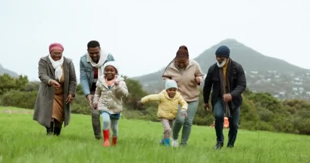 Büyükbabalar Siyahi Aileler Parkta Kırsal Alanda Birlikte Koşan Çocuklar Büyükbaba — Stok video