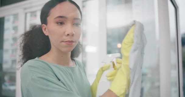 Serviço Limpeza Produtos Mulher Limpando Janela Com Detergente Pano Luvas — Vídeo de Stock