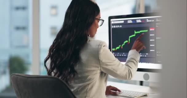 Computador Mercado Ações Mulher Negócios Digitando Analisando Verificando Dados Crescimento — Vídeo de Stock