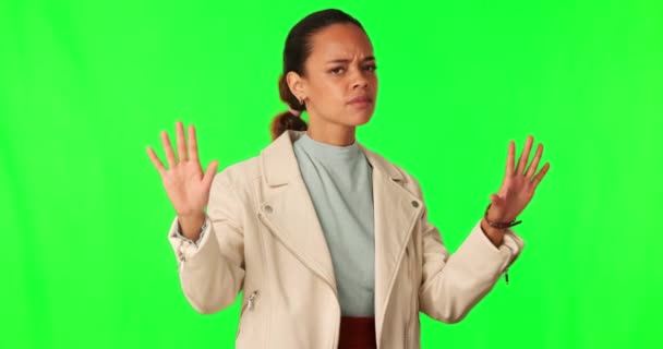 Kobieta Zły Bez Znaku Ręki Twarzy Zielony Ekran Stop Nie — Wideo stockowe