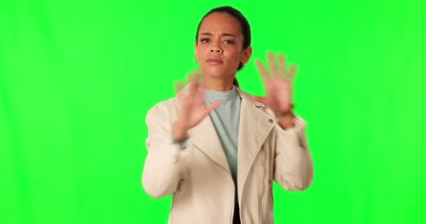 Donna Stop Nessun Cartello Con Viso Schermo Verde Con Palmo — Video Stock