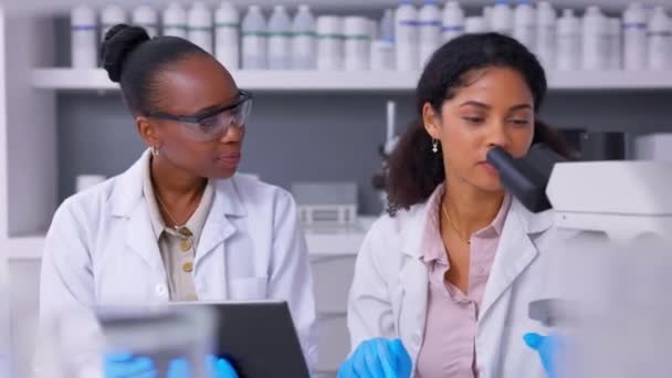 Жінки Науковець Планшет Аналіз Даних Мікроскоп Медичні Дослідження Наукові Дослідження — стокове відео