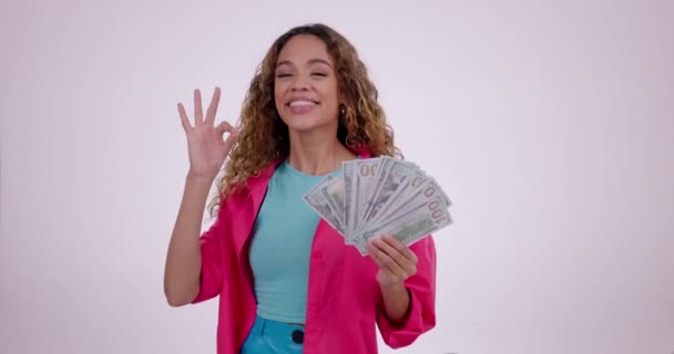 Mujer Bien Signo Éxito Dinero Préstamo Financiero Ganar Competencia Emoji — Vídeos de Stock