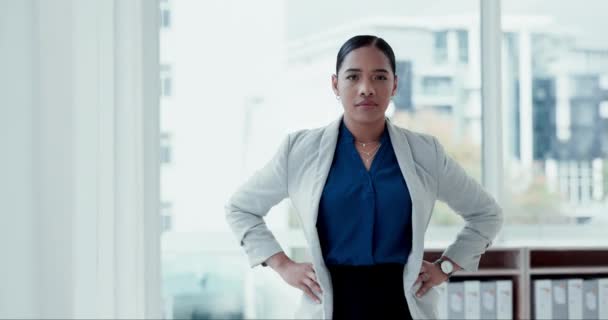 Twarz Misja Pewna Siebie Kobieta Biznesu Biurze Ambicją Wzrostu Lub — Wideo stockowe