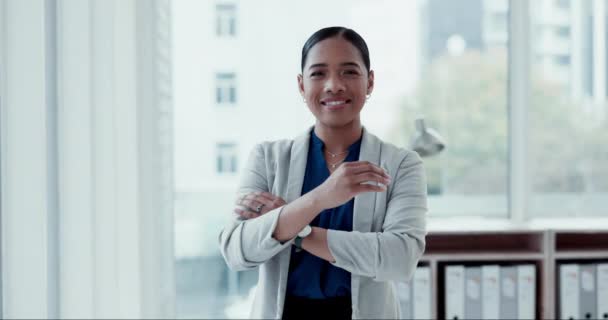Kollarını Kavuşturmuş Gülümseyen Ofisteki Kadınının Yüzü Kendine Güven Mutluluk Kariyerle — Stok video