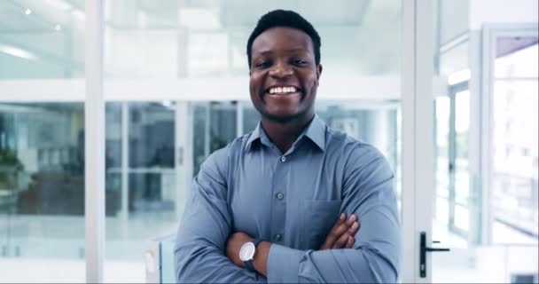 現代オフィスのスタートアップキャリアのために笑顔でビジネスで顔 従業員 幸せな黒人男性 アフリカ人 アフリカの会社との新しい仕事で会計士の肖像画と誇り — ストック動画