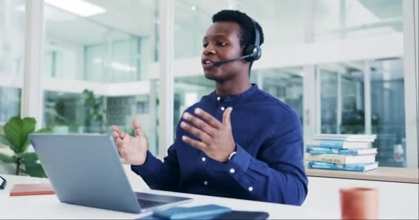 Laptop Call Center Homem Negro Conversando Telemarketing Entre Contato Conosco — Vídeo de Stock